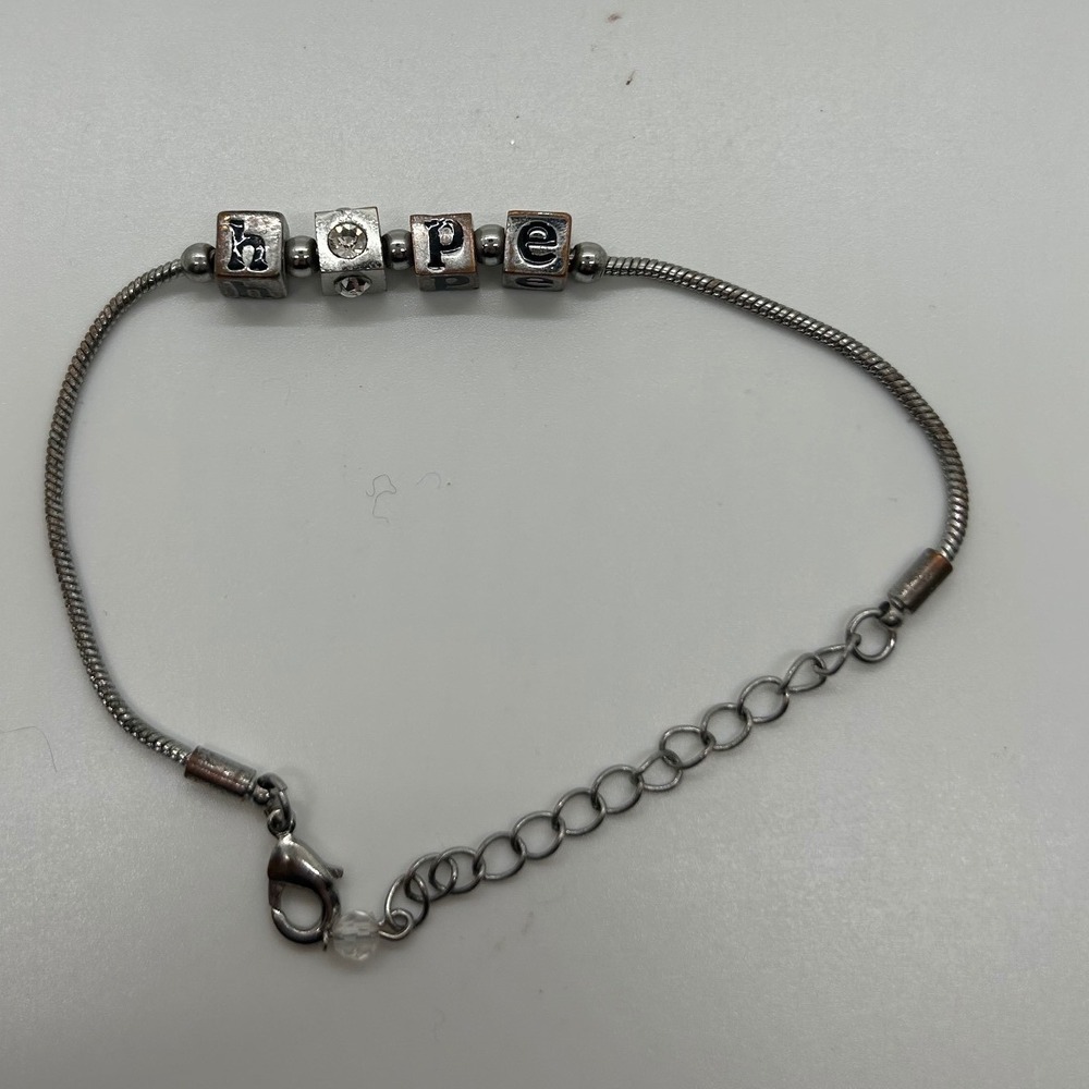 Silver Tone Hope Block Letter Snake Chain Adjustable Bracelet Rhinestone Accent
